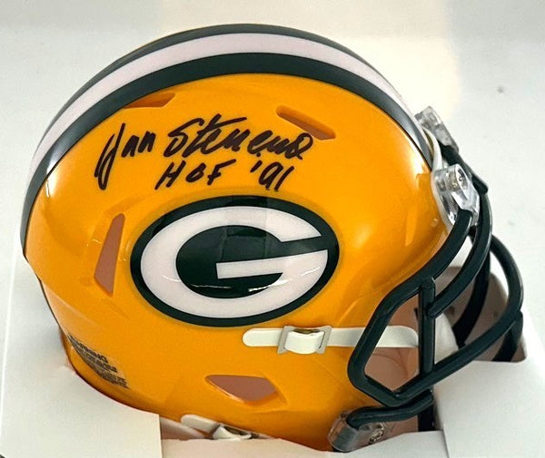 Packers Kicker JAN STENERUD Signed Riddell Speed Mini Helmet AUTO W/ HOF 91 BAS