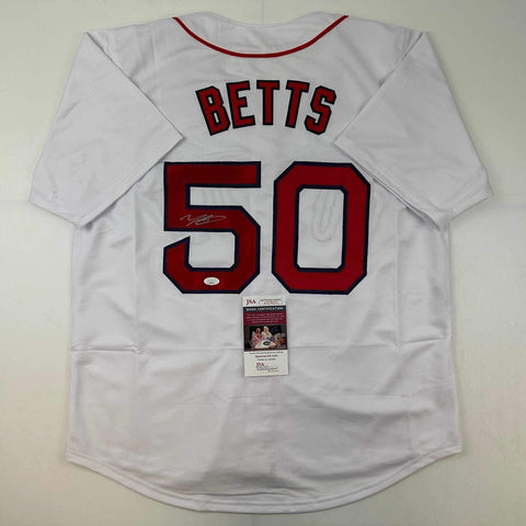 Autographed/Signed Mookie Betts Boston White Baseball Jersey JSA COA
