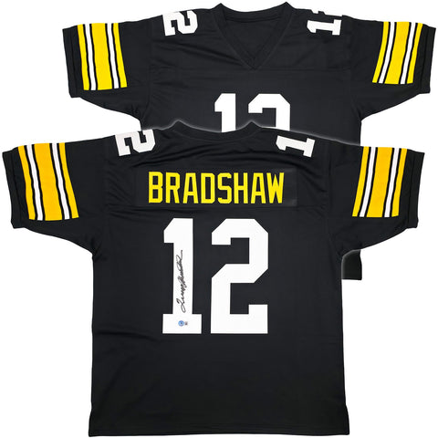 STEELERS TERRY BRADSHAW AUTOGRAPHED SIGNED BLACK JERSEY BECKETT WITNESS 239866
