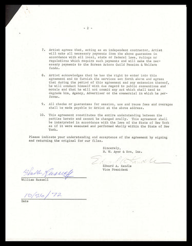 Bill Russell Autographed 1972 Advertising Document Contract Beckett AC74546