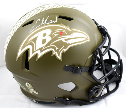 Ed Reed Autographed Ravens F/S Salute to Service Speed Helmet - Beckett W Holo