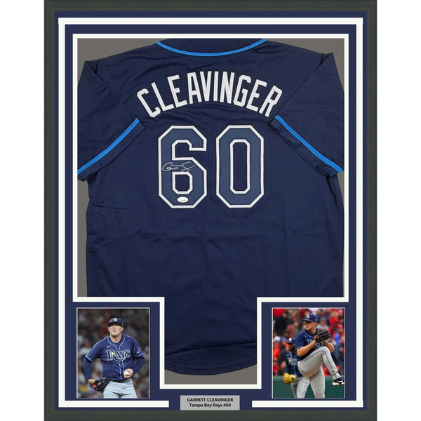 Framed Autographed/Signed Garrett Cleavinger 35x39 TB Navy Jersey JSA COA