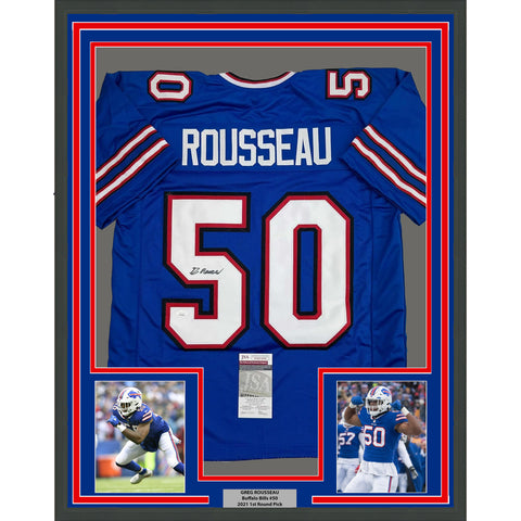 Framed Autographed/Signed Greg Rousseau 35x39 Buffalo Blue Jersey JSA COA