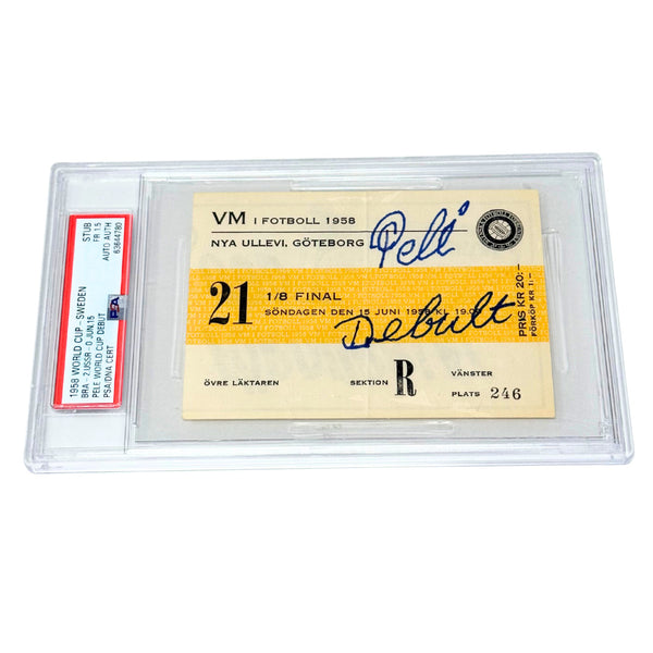 Pele Signed 1958 World Cup Debut Brazil Match Ticket Inscribed DEBUT - PSA 1.5