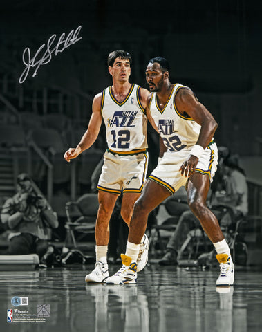 JOHN STOCKTON AUTOGRAPHED 16X20 PHOTO JAZZ W/ KARL MALONE BECKETT 224361