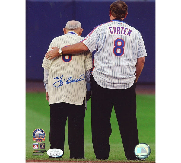 Yogi Berra Signed New York Yankees Unframed 8x10 MLB Standing with Carter Photo