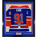 Framed Autographed/Signed Evander Kane 35x39 Edmonton Blue Jersey JSA COA