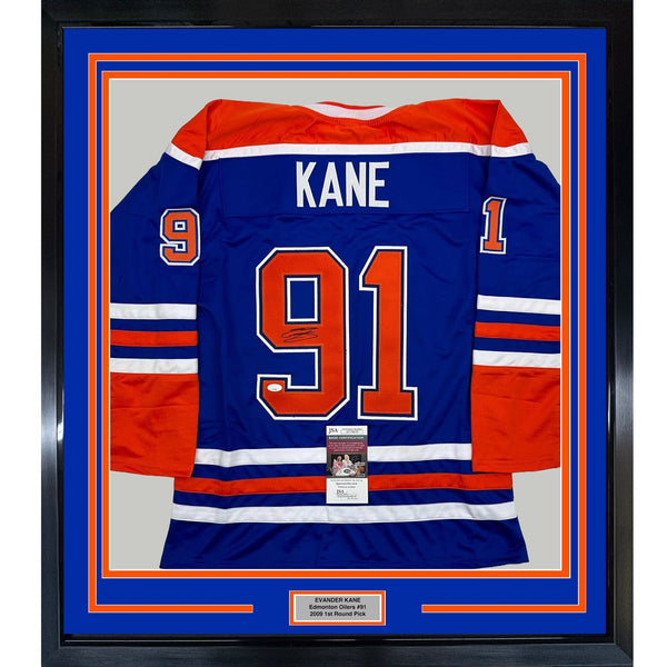 Framed Autographed/Signed Evander Kane 35x39 Edmonton Blue Jersey JSA COA