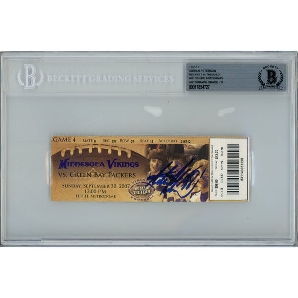 Adrian Peterson Autographed Ticket Stub 09/30/07 Slabbed Beckett 50619