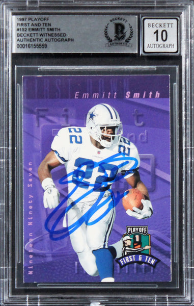 Cowboys Emmitt Smith Signed 1997 Playoff First & Ten #152 Card Auto 10! BAS Slab