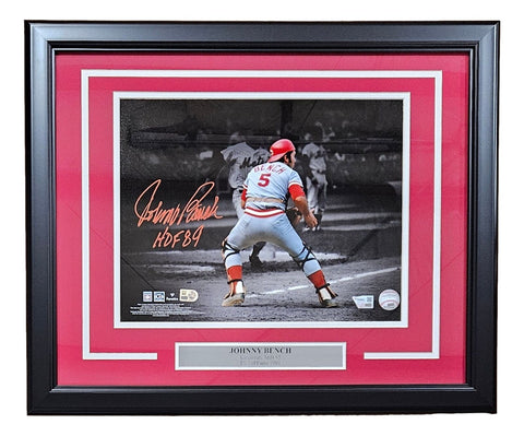Johnny Bench Signed Framed 11x14 Cincinnati Reds Photo HOF 89 Inscribed Fanatics