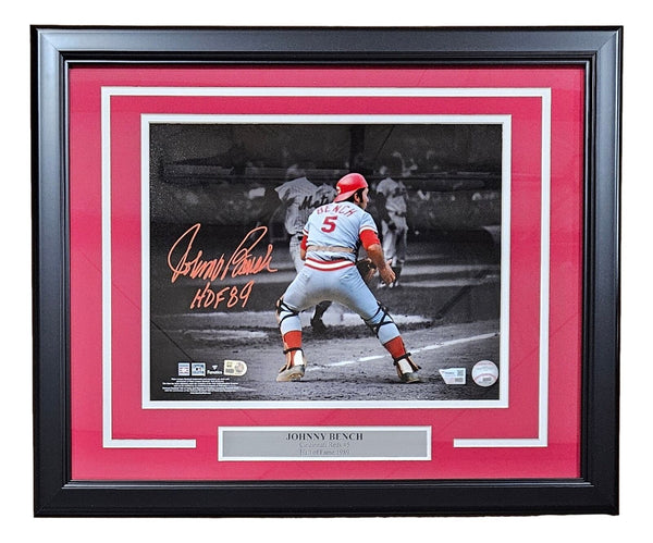 Johnny Bench Signed Framed 11x14 Cincinnati Reds Photo HOF 89 Inscribed Fanatics