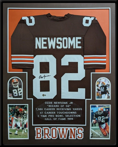 FRAMED CLEVELAND BROWNS OZZIE NEWSOME AUTOGRAPHED SIGNED STAT JERSEY BAS HOLO