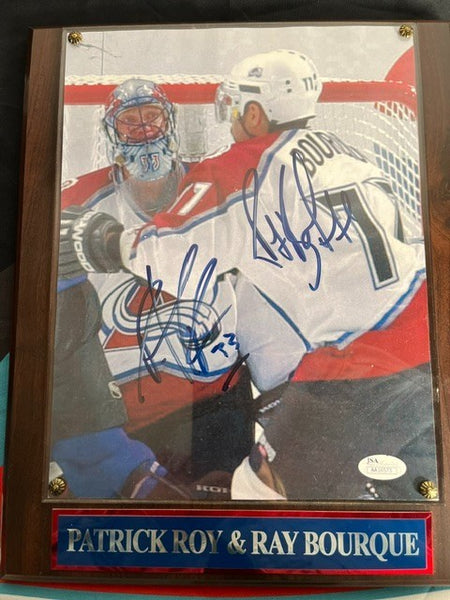 Ray Bourque & Patrick Roy Avalanche Autographed 8x10 Photo w/ Plaque JSA COA