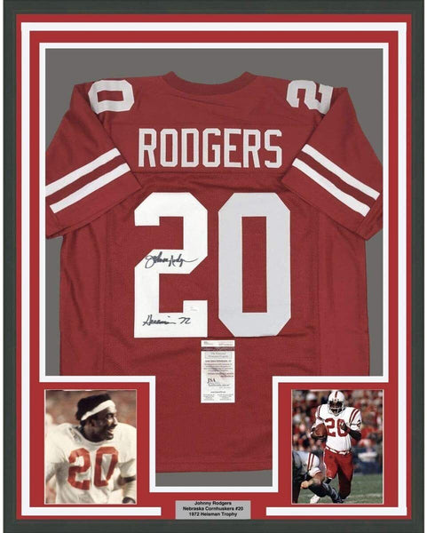 Framed Autographed/Signed Johnny Rodgers HT 72 33x42 Nebraska Red Jersey JSA COA