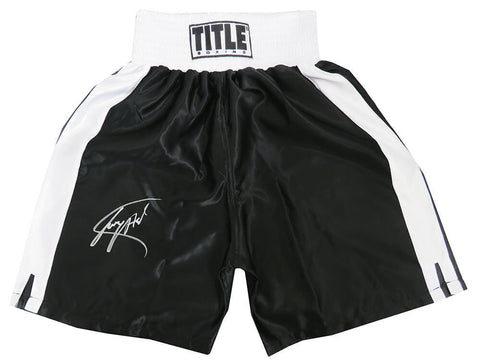 Larry Holmes Signed Title Black With White Trim Boxing Trunks - (SS COA)