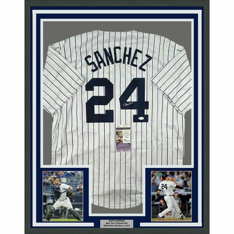 FRAMED Autographed/Signed GARY SANCHEZ 33x42 New York Pinstripe Jersey JSA COA