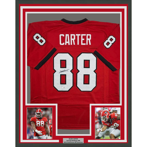 Framed Autographed/Signed Jalen Carter 35x39 Georgia Red Jersey JSA COA