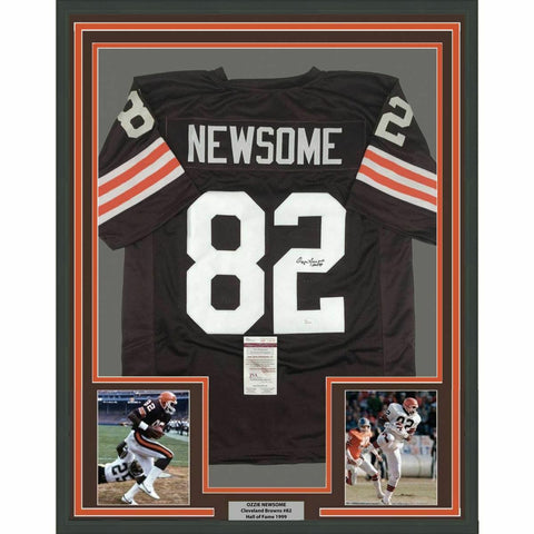 FRAMED Autographed/Signed OZZIE NEWSOME HOF 33x42 Cleveland Brown Jersey JSA COA