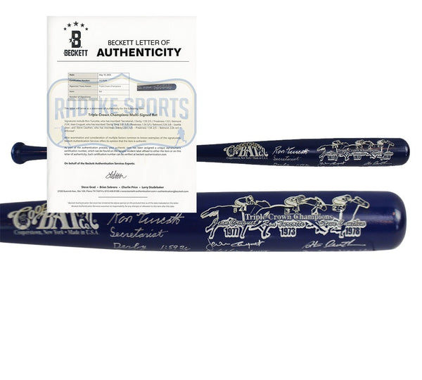 Jean Cruguet, Ron Turcotte, Steve Cauthen Signed Cooperstown Triple Crown Bat