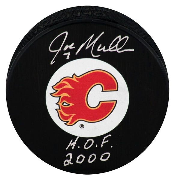 Joe Mullen Signed Flames Medium Logo Hockey Puck w/HOF - (In Silver) - (SS COA)