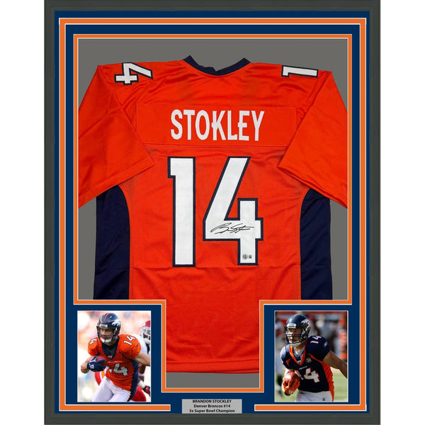 Framed Signed Brandon Stokley 35x39 Denver Orange Jersey Beckett COA