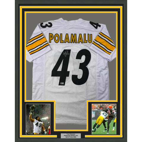 Framed Autographed/Signed Troy Polamalu 33x42 Pittsburgh White Jersey BAS COA