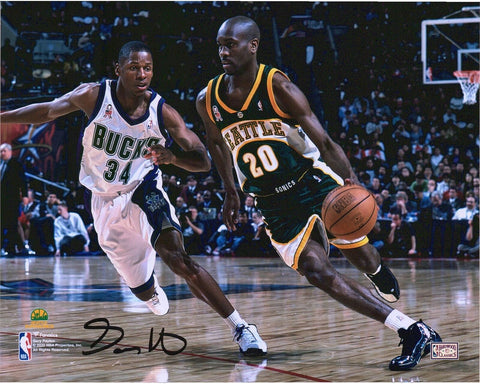 Gary Payton Seattle Supersonics Signed 8" x 10" Dribbling in Green Photo