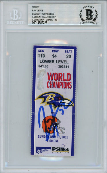 Ray Lewis Autographed/Signed 11/18/2001 vs Browns Ticket Beckett Slab 39168