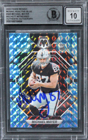 Raiders Michael Mayer Signed 2023 Panini Mosaic RB #349 RC Card Auto 10 BAS Slab