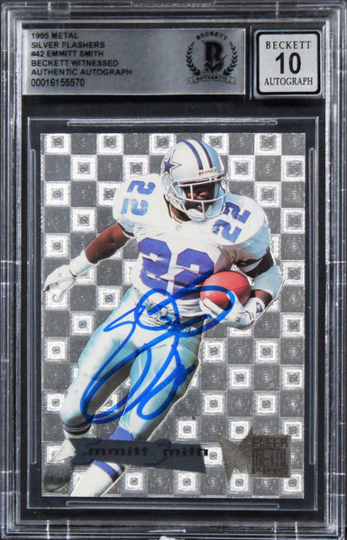 Cowboys Emmitt Smith Signed 1995 Metal Silver Flashers #42 Card Auto 10 BAS Slab