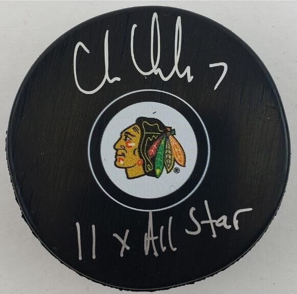 Chris Chelios Signed Blackhawks Logo Hockey Puck Inscibd 11x All-Star (Schwartz)