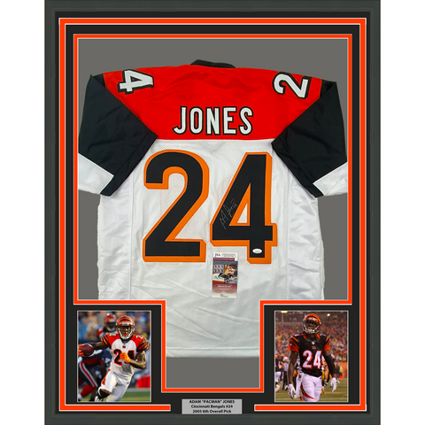 Framed Autographed/Signed Adam Pacman Jones 33x42 White Football Jersey JSA COA