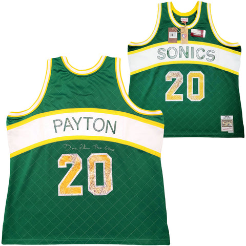 SONICS GARY PAYTON AUTOGRAPHED GREEN AUTH M & N JERSEY THE GLOVE BECKETT 203423