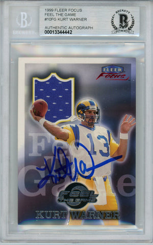 Kurt Warner Signed 1999 Fleer Focus Feel The Game Jersey Card BAS Slab 34248