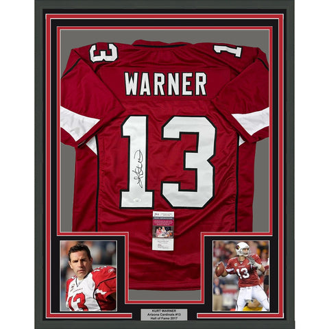 Framed Autographed/Signed Kurt Warner 35x39 Arizona Red Football Jersey JSA COA