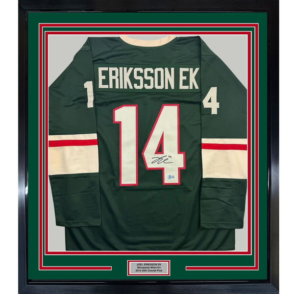 Framed Signed Joel Eriksson Ek 35x39 Minnesota Green Jersey Beckett BAS COA