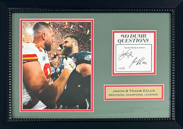 Jason Kelce Travis Kelce Signed No Dumb Questions Book Page 14x20 Framed JSA