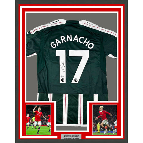 Framed Autographed/Signed Alejandro Garnacho 33x42 Man U. Green Jersey BAS COA
