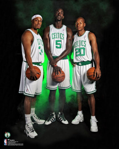 Kevin Garnett, Paul Pierce and Ray Allen Boston Celtics White Jersey 16x20 Photo