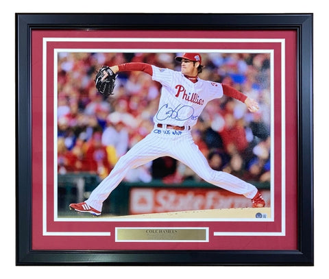 Cole Hamels Signed Framed 16x20 Phillies Photo 08 WS MVP Inscribed BAS ITP
