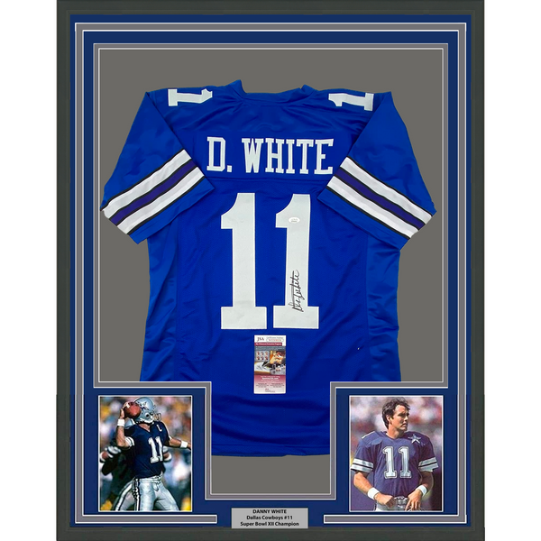Framed Autographed/Signed Danny White 33x42 Dallas Retro Blue Jersey JSA COA