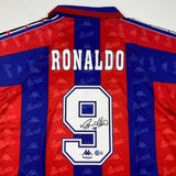Autographed/Signed Ronaldo Nazario FC Barcelona Red/Blue Jersey Beckett COA