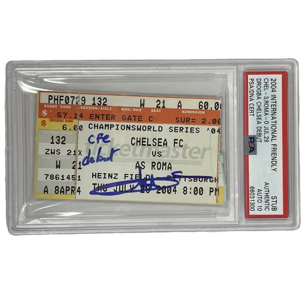 Didier Drogba Signed 2004 Chelsea Debut Ticket Inscribed CFC Debut - PSA 10 Auto