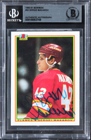 Flames Sergei Makarov Authentic Signed 1990 Bowman #92 Card BAS Slabbed