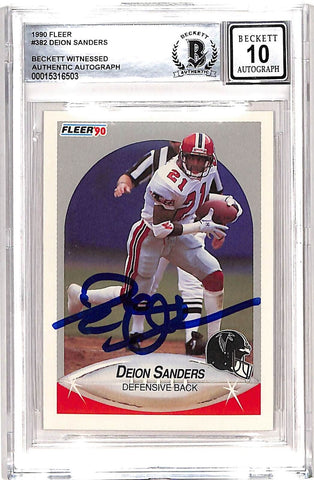 Deion Sanders Signed 1990 Fleer #382 Trading Card 10 Auto Beckett 42657