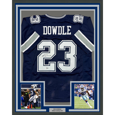 Framed Autographed/Signed Rico Dowdle 35x39 Dallas Blue Football Jersey BAS COA