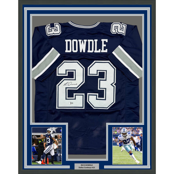 Framed Autographed/Signed Rico Dowdle 35x39 Dallas Blue Football Jersey BAS COA