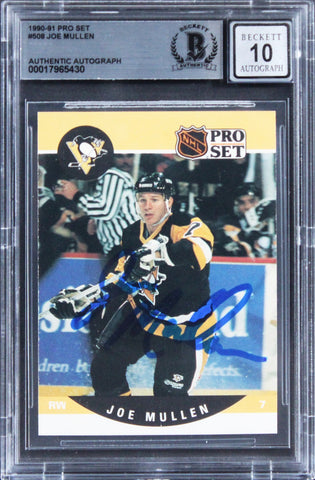 Penguins Joe Mullen Signed 1990 Pro Set #508 Card Auto Gem Mint 10! BAS Slabbed