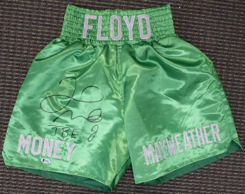 FLOYD MAYWEATHER JR. AUTOGRAPHED GREEN BOXING TRUNKS "TBE" BECKETT BAS 159664